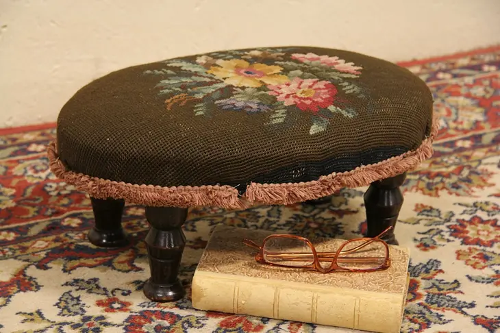 Victorian Oval 1890 Antique Needlepoint Footstool
