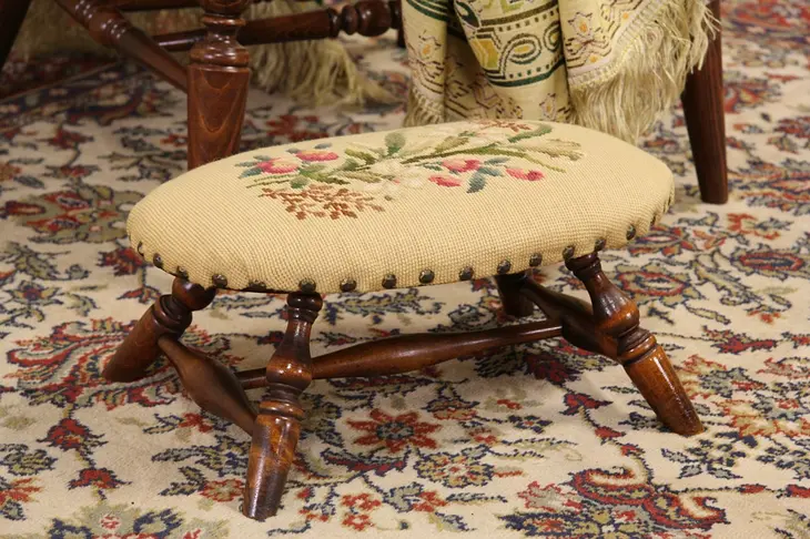 Oval 1920's Antique  Needlepoint Foot Stool
