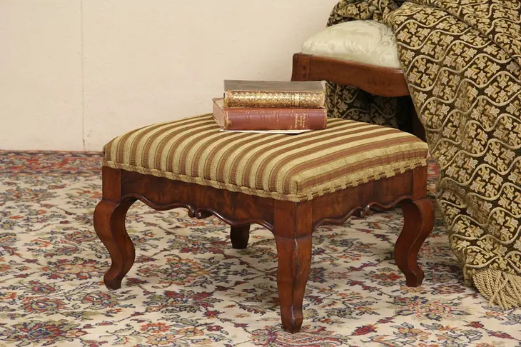 Carved 1850's Antique Foot Stool, Newly Upholstered