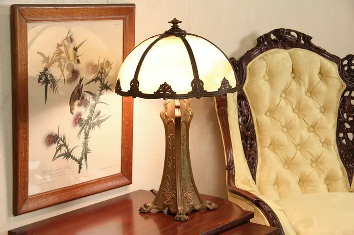 Art Nouveau 1910 Stained Glass Antique Lamp, Painted Base