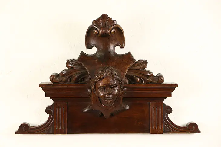 Italian 1890 Antique 24" Walnut Architectural Fragment, Carved Head
