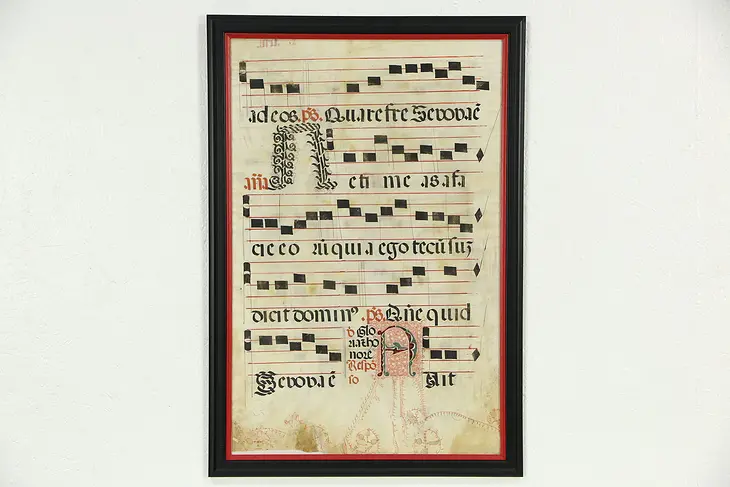 Musical Score 1600's Hand Painted Vellum Latin Manuscript, Framed