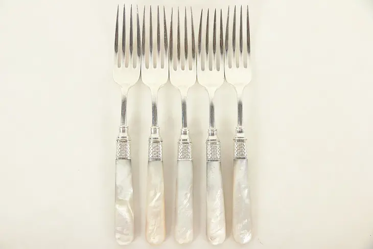 Set of 5 Antique Silverplate Forks, Mother of Pearl Handles #29350