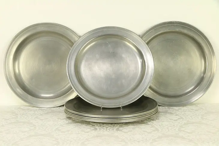 Set of 8 Vintage 12" Pewter Service Plates or Chargers, Signed Colonial #30365