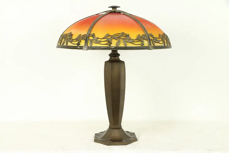 Art Deco Antique Lamp, Reverse Painted Red Glass Shade #31336