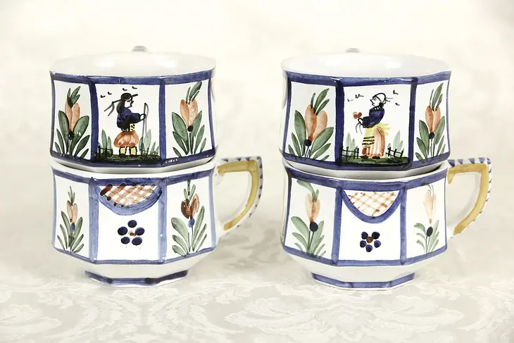 Quimper Set of 4 Coffee Cups, Hand Painted & Signed, Brittany, France
