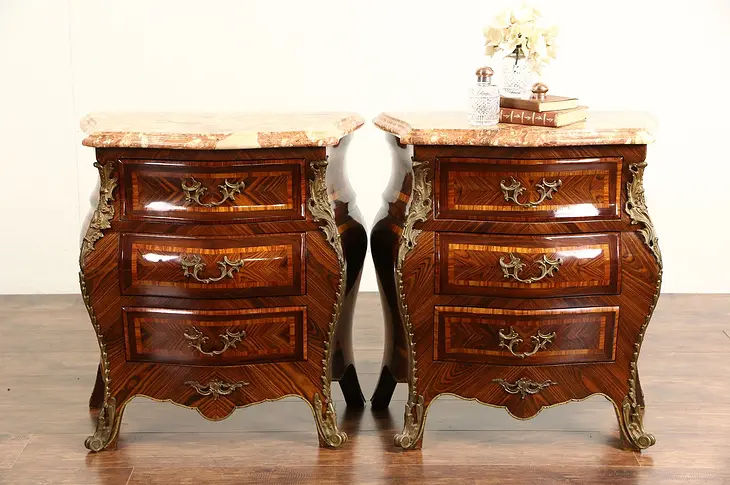 Pair of Italian Rosewood Bombe Marble Top 1940 Chests, Nightstands or Commodes