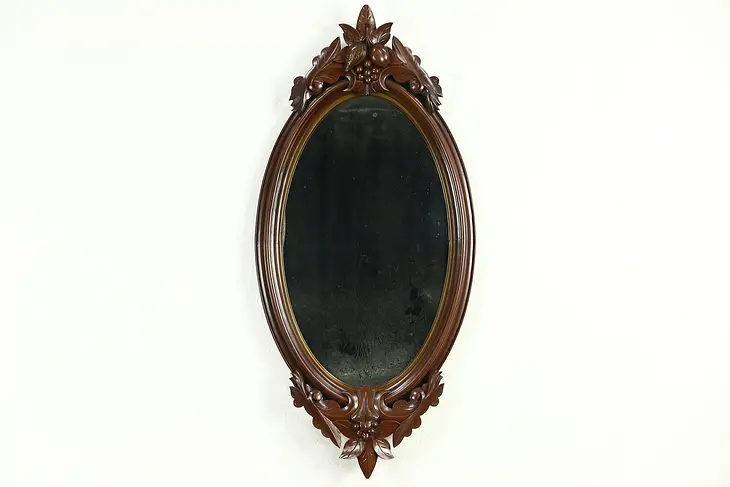 Victorian 1860 Antique Walnut Mirror, Original Glass, Hand Carved Fruit & Nuts