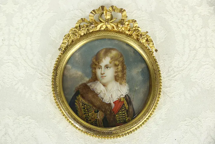 French 1830 Antique Miniature Portrait on Bone, Bronze Frame, signed Lemax
