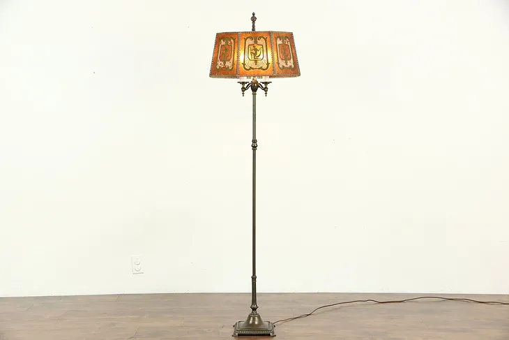 Rembrandt Signed 1920 Antique Floor Lamp, Painted Mica Shade