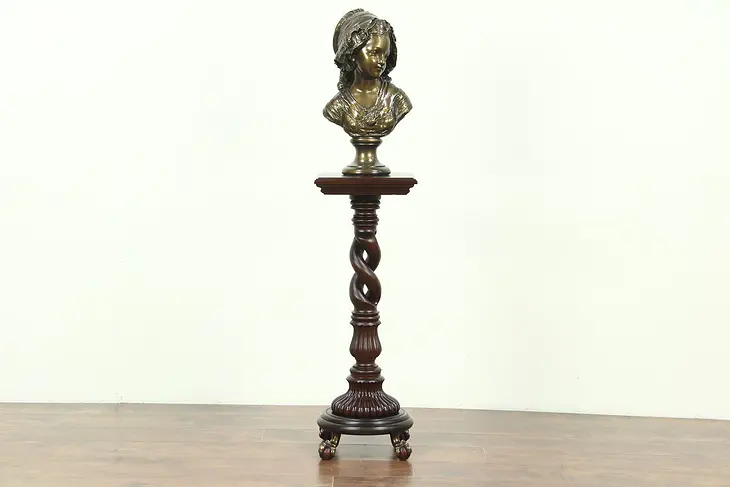 Mahogany Antique Plant Stand Sculpture Pedestal, Spiral Column, Bronze Claw Feet