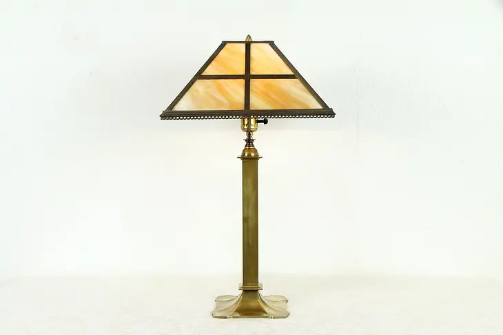 Craftsman Period Antique Brass Table Lamp, Stained Glass Shade #30876
