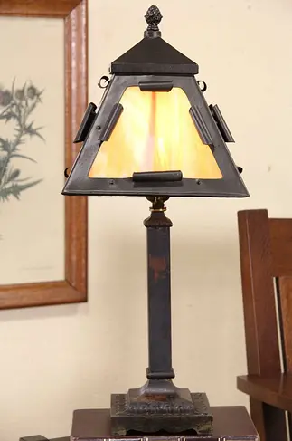 Arts & Crafts Mission 1910 Antique Stained Glass Lamp