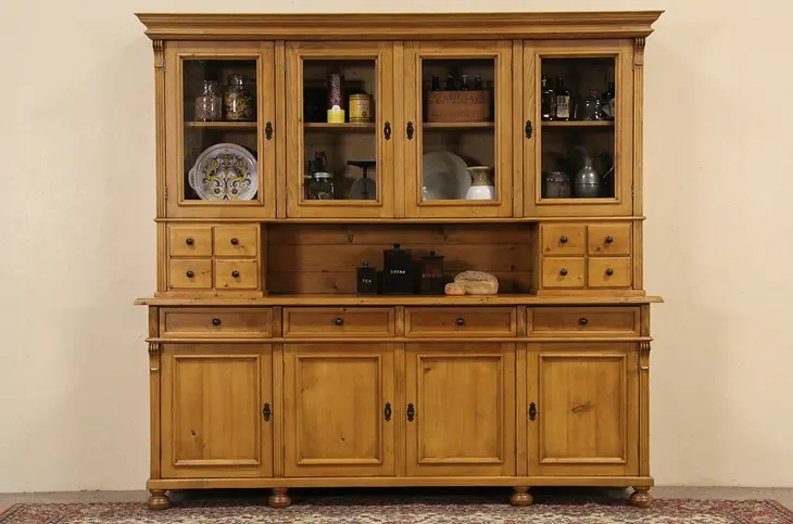 Country Pine Pantry Cupboard, 1890 Bohemian Antique Server & China Cabinet
