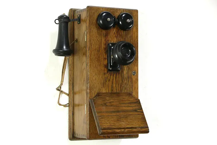 Stromberg Signed Antique Oak Wall Telephone, Generator & Bells