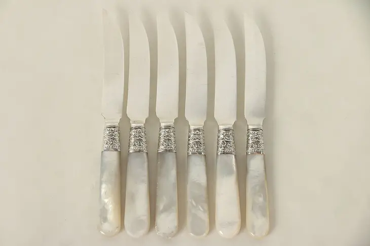 Set 6 Antique Pearl &  Sterling Handle Butter, Cheese or Appetizer Knives #29349