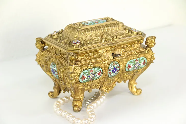French Bronze Antique Jewel Chest Champleve Enamel Jewelry Box #29457