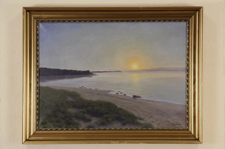 Ocean Sunset in Scandinavia, Original Oil Painting, Signed 1930