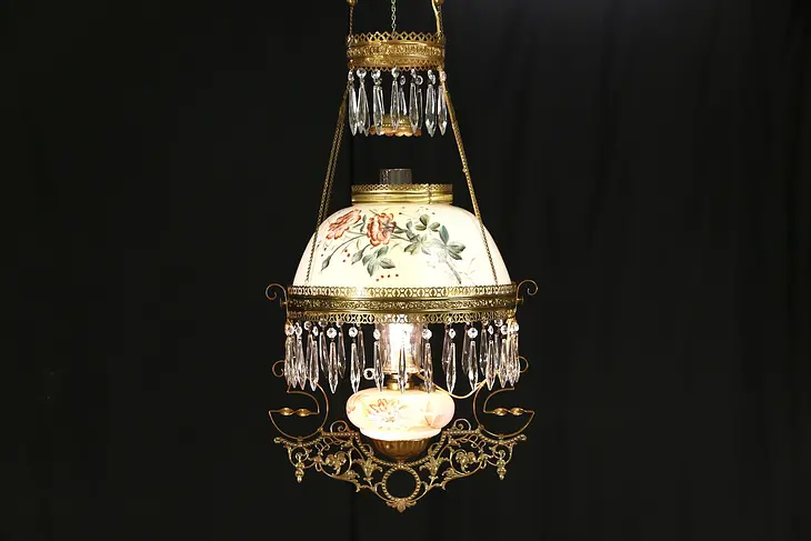 Victorian 1880's Antique Brass Electrified Ceiling Light, Hand Painted Shade