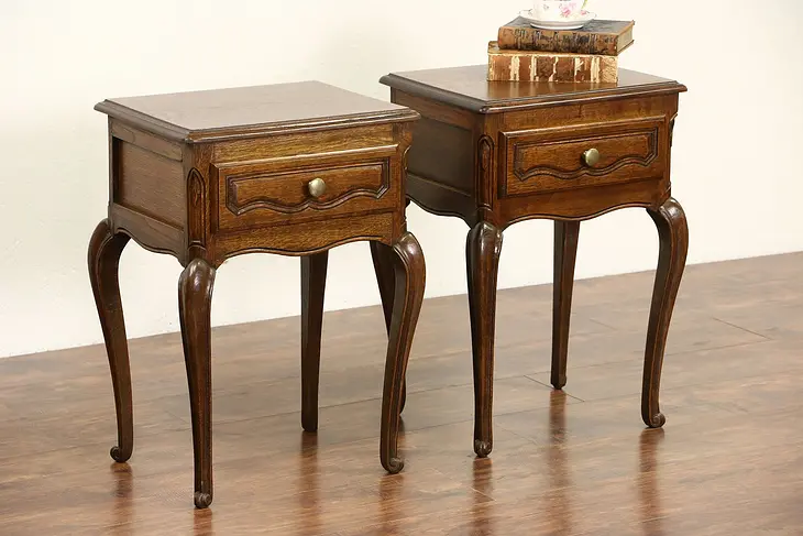 Pair of Country French 1925 Antique Hand Carved Oak Nightstands