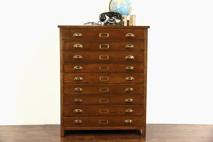 Oak 1915 Antique 9 Drawer Collector Cabinet, Map Chest, Industrial File