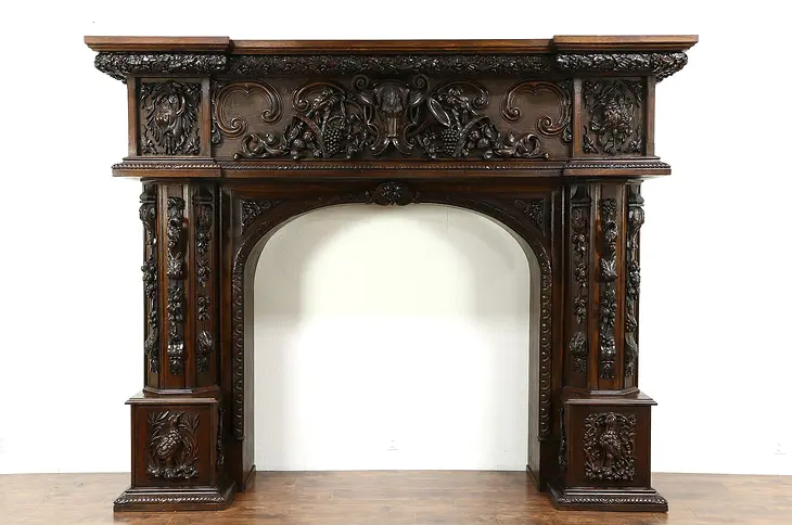 Carved Oak Antique Fireplace Lodge Mantel or Archway, Animal Sculptures 10' 5"