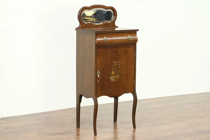 Oak 1900 Antique Music Cabinet, Beveled Mirror, Instrument Motif