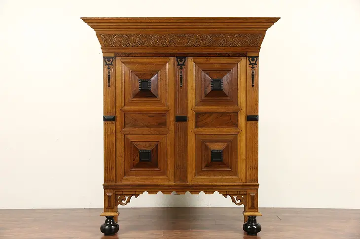 Dutch Hand Carved 1920's Kas Dowry Cabinet Armoire, Oak, Rosewood & Ebony