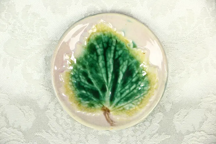 Majolica Hand Painted Dark Green Leaf Butter Chip or Dish