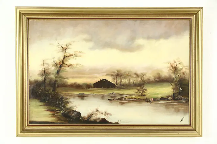 Farmhouse and Pond in Fall, Antique Original Oil Painting  J. Lewis