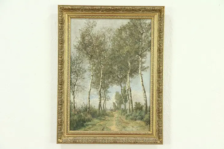 A Path with Birch Trees, Antique Original Oil Painting, France