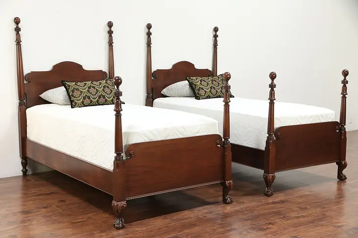 Pair Traditional Walnut Twin or Single Size Poster Beds #29643