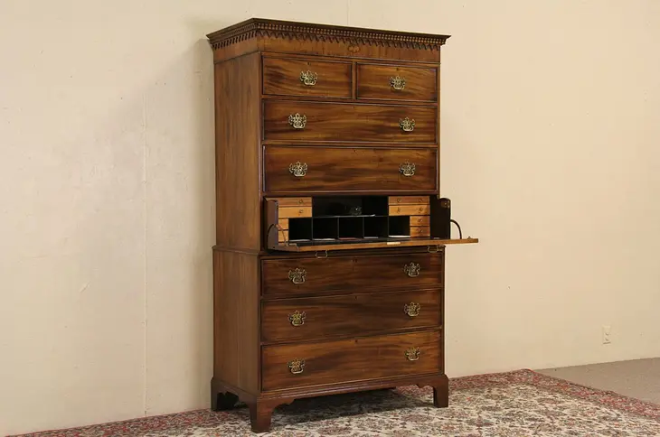 Georgian Style Tall Chest on Chest with Desk, signed Banks, Coldstone
