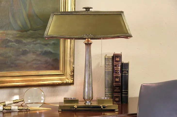Partner Double  1915 Desk Lamp, Pen Rests & Inkwells