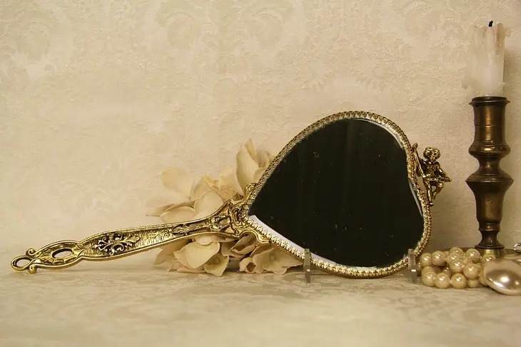 Boudoir Vintage Gold Filigree Heart Shape Hand Mirror
