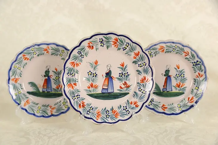 Quimper Signed Group of 3 Plates, Hand Painted Brittany, France