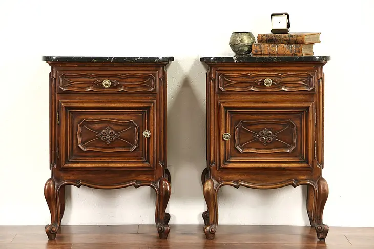 Pair Italian Antique 1910 Nightstands or End Tables, Black Marble Tops