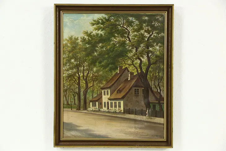 Thatched Cottage in Denmark, 1915 Signed Original Oil Painting on Canvas