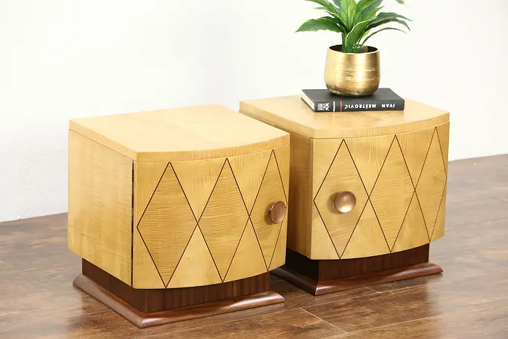 Midcentury Modern Pair 60's Vintage French Curly Birch Nightstands or End Tables