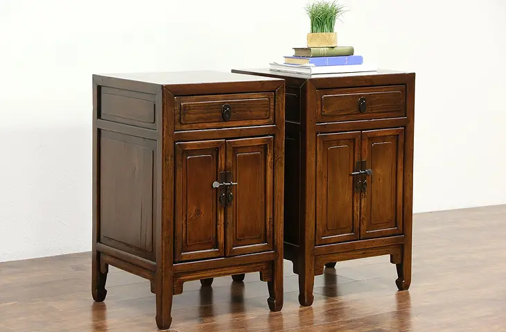Pair of Antique 1900 Chinese Ash End Tables or Nightstands, Raised Panels