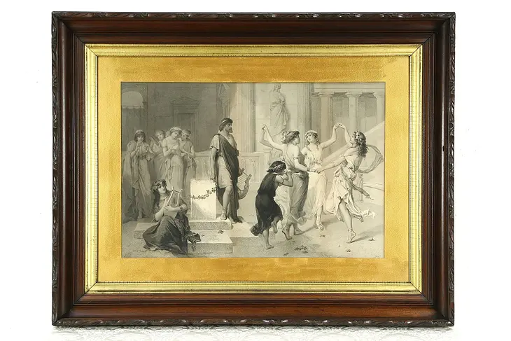 Roman Classical Engraving of Dancing Girls, Antique 1850's, Walnut Frame