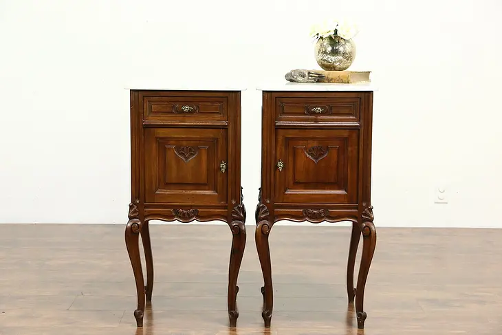 Pair of Country French Antique 1915 Carved Walnut Nightstands, Marble Tops