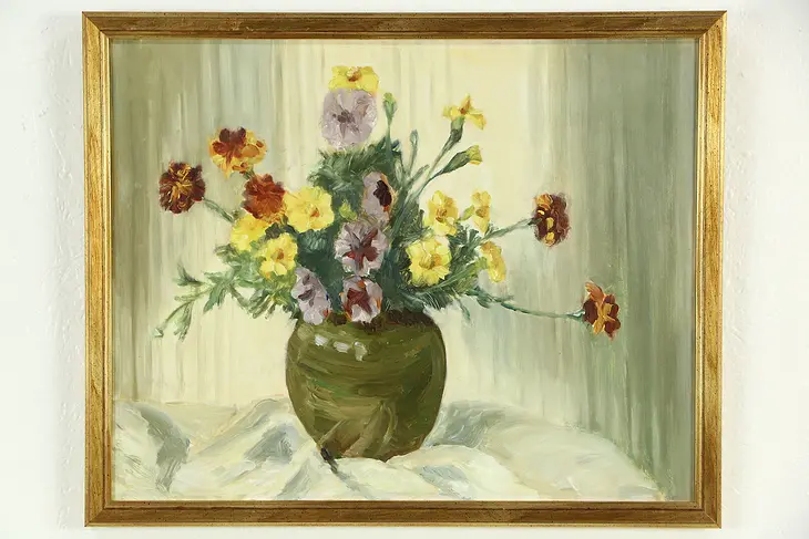 Pansy Flowers and Vase Still Life, Original Vintage Oil Painting