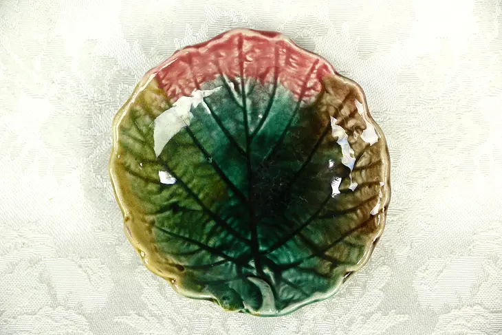 Majolica Hand Painted Kale Leaf Butter Chip or Dish