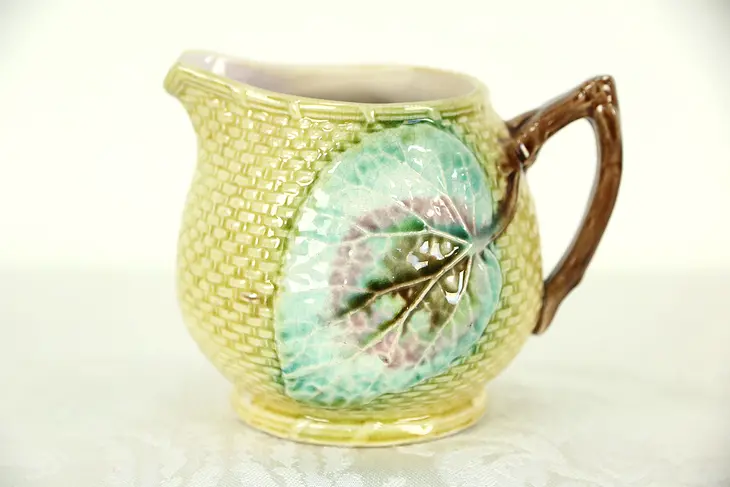 Majolica Hand Painted Cream Pitcher, 3 3/4" Tall, Leaves and Basketweave