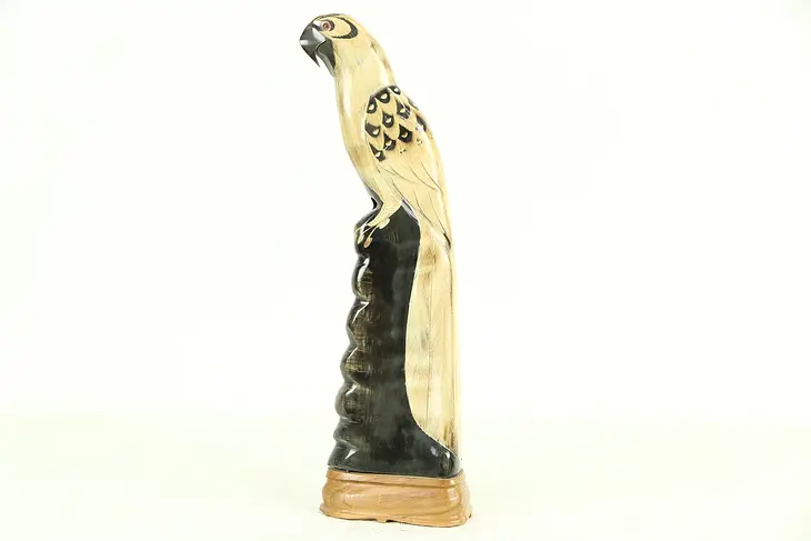 Tropical Bird Sculpture, Hand Carved Buffalo Horn, Thailand Folkart 13 1/2" Tall