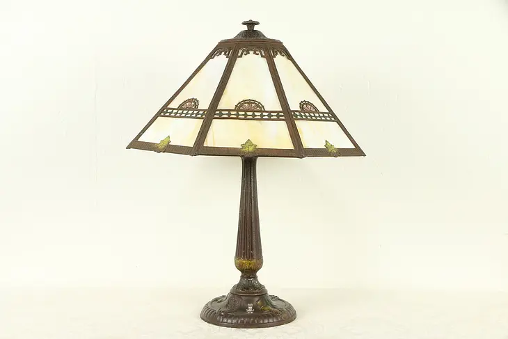 Hand Painted Antique Lamp, Stained Glass 8 Panel Shade #32042