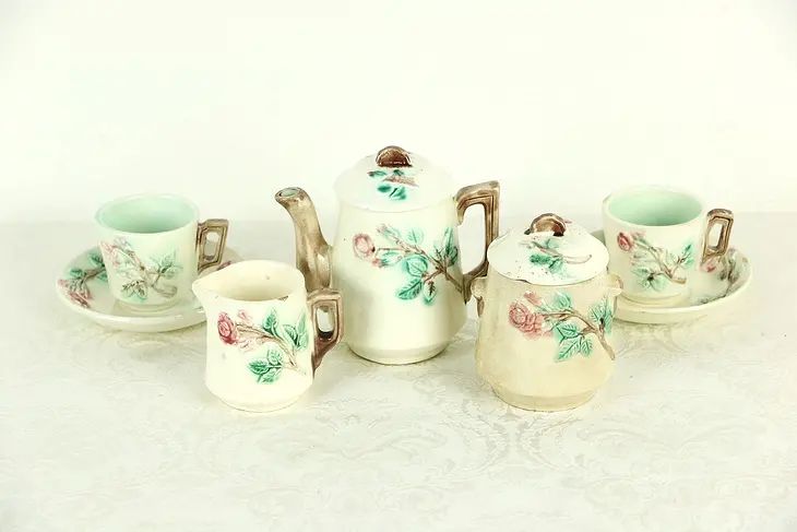 Majolica Hand Painted Tea Set for Two, Pot, Sugar and Creamer, Birds and Branch
