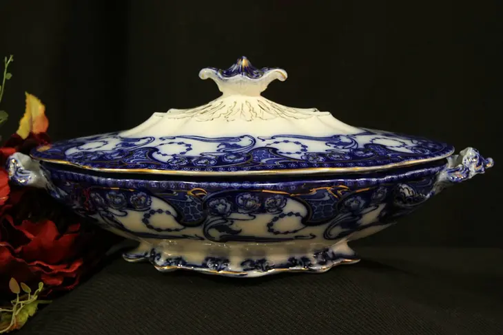 Flow Blue Covered Tureen Delamere Pattern by Alcock