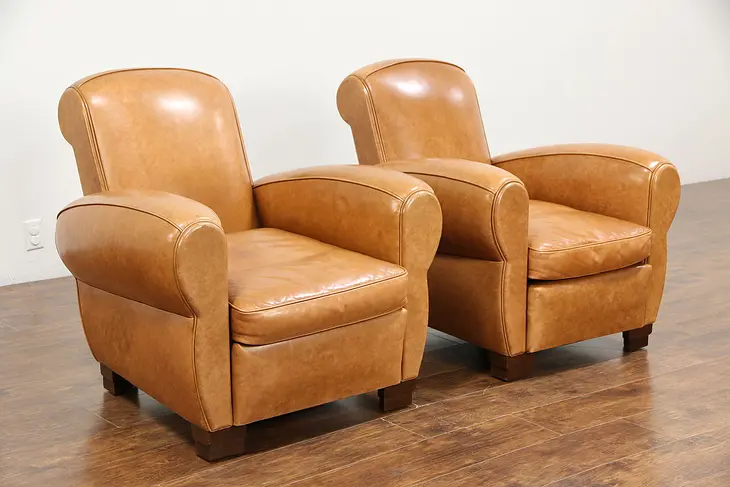 Pair of Vintage French Art Deco Style Leather Club Chairs
